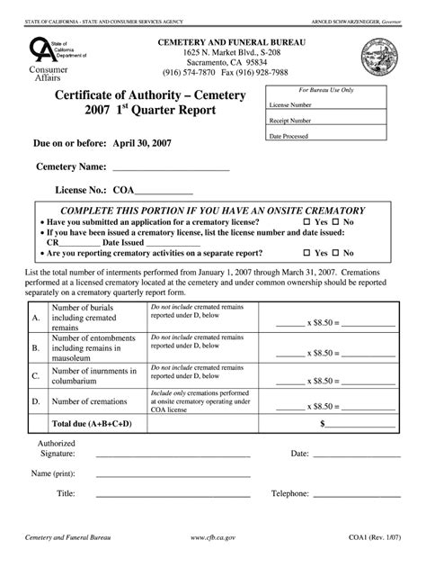 Fillable Online Cfb Ca Certificate Of Authority Quarterly Report