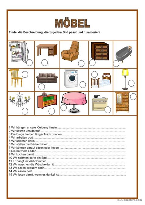 Möbel allgemeines leseverständnis English ESL worksheets pdf doc