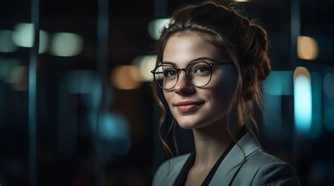 Premium Photo A Woman Wearing Glasses Stands In A Dark Room With A Light Behind Her