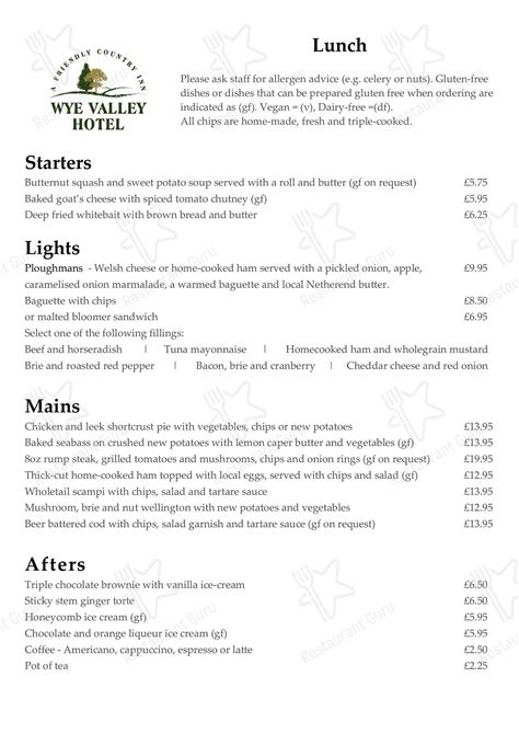 Menu At The Wye Valley Hotel Pub And Bar Tintern