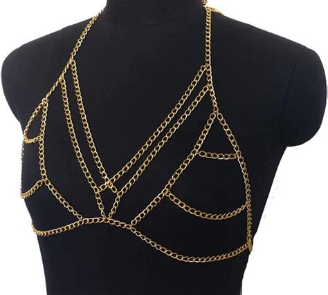 Hlsohjp Women Metal Chest Chain Bra Body Chain For Chest Bracket Sexy Lingerie Harness Body