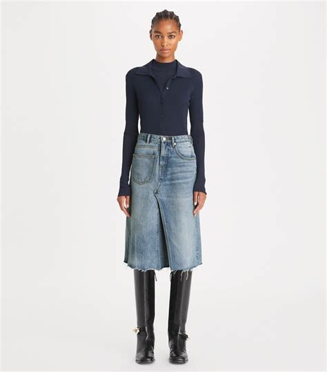 Deconstructed Denim Skirt Women S Designer Bottoms Tory Burch