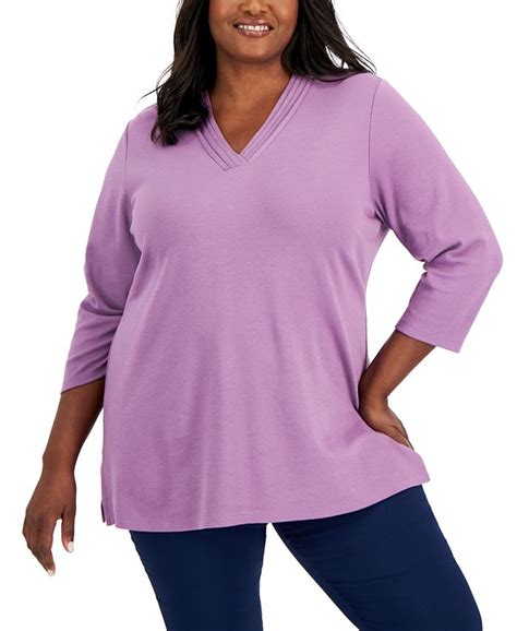 Karen Scott Plus Size Cotton Pleated Neck 3 4 Sleeve Tunic Created For