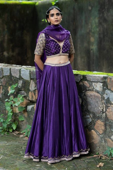 Buy Purple Silk Embroidery Floral Plunge V Bridal Lehenga Set For Women