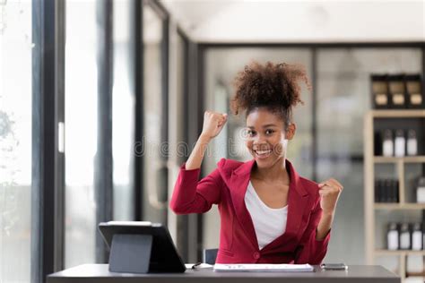 Portrait Of Happy Business Woman Celebrating Success Achievement