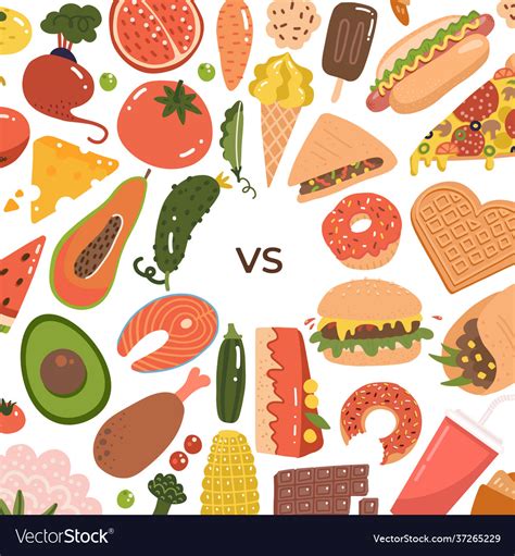 Healthy Vs Junk Food Background Unhealthy Vector Image