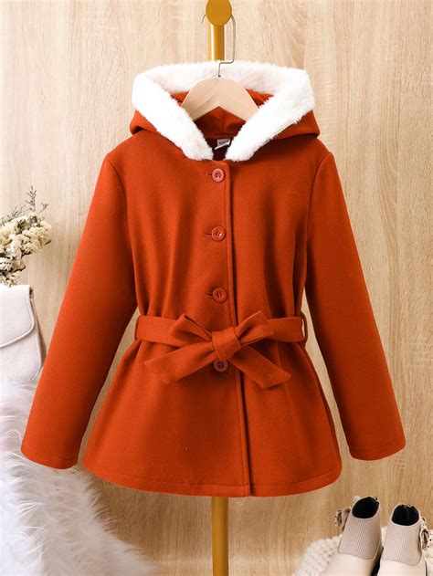 Tween Girl Fuzzy Trim Hooded Belted Overcoat SHEIN USA