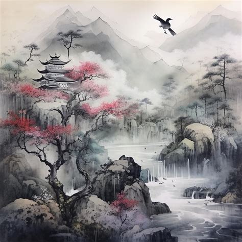 Premium AI Image Hand Drawn Japanese Ink Wash Landscape Painting