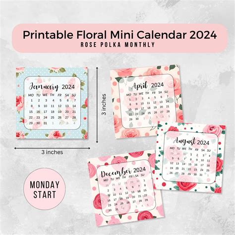 Mini Calendar 2024 Printable Mini Calendar Printable Floral Calendar