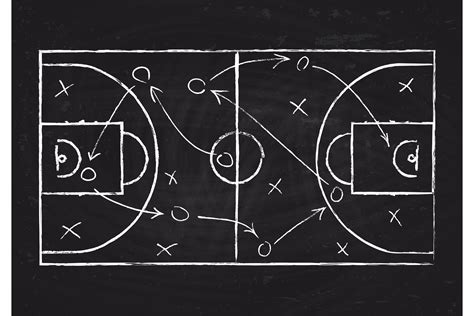 Chalkboard with basketball court and game strategy scheme. V (911130 ...