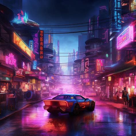 Neon City in Cyberpunk Style Stock Image - Image of landscape, light ...