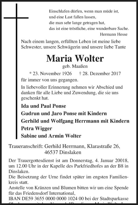 Traueranzeigen Von Maria Wolter Trauer In NRW De