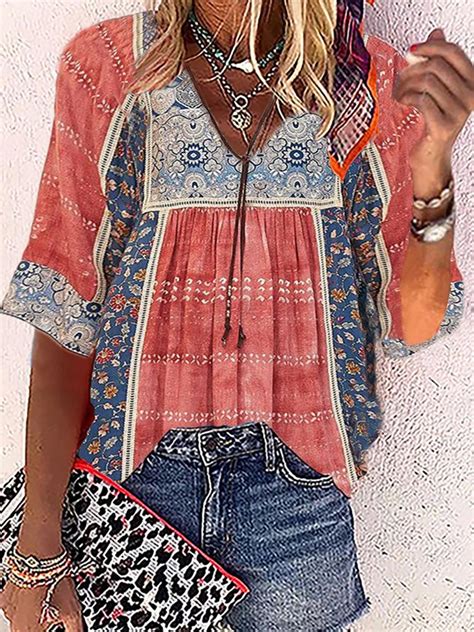 Plus Size Boho V Neck Printed Tops Noracora