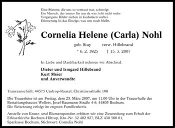 Traueranzeigen Von Cornelia Helene Carla Nohl Trauer In Nrw De