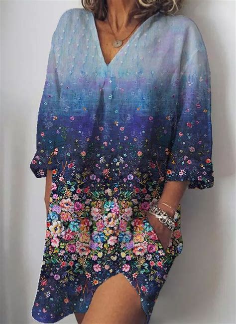 Casual Floral Tunic V Neckline Shift Dress Weeyelensesas