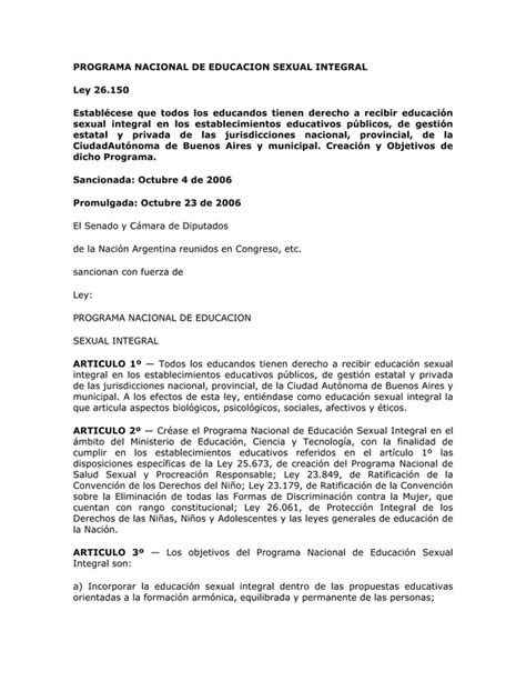 Ley De Educación Sexual Integral N° 26150 De 2006 Pdf