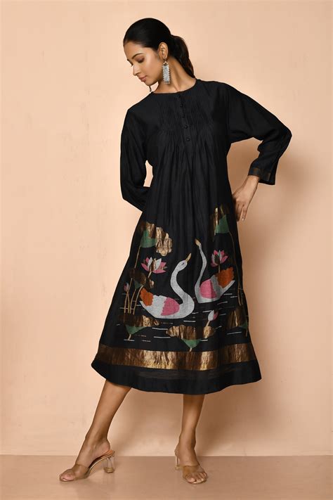 Buy Black Cotton Silk Woven Bird Round Jamdani Floral Placement Kurta