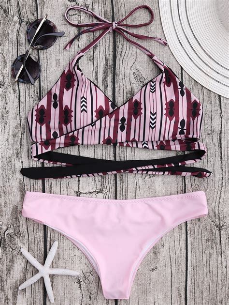 Off Vertical Striped Halter Wrap Bikini Set Rosegal