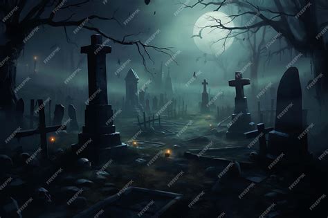 Premium AI Image | creepy cemetery with fog halloween background 2d ...