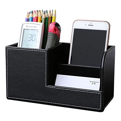 Xrhyy Black Wooden Pu Leather Multi Function Desk Stationery Organizer