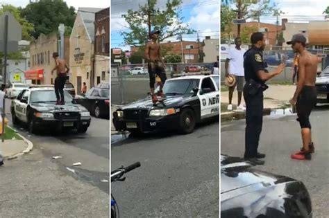 Shirtless Man Jumps On Newark Police Cars