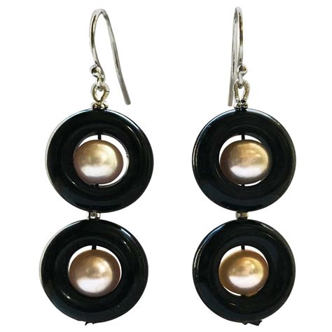 Marina J Double Onyx And Pearl Earrings With 14 Karat White Gold Hook And Beads For Sale At 1stdibs