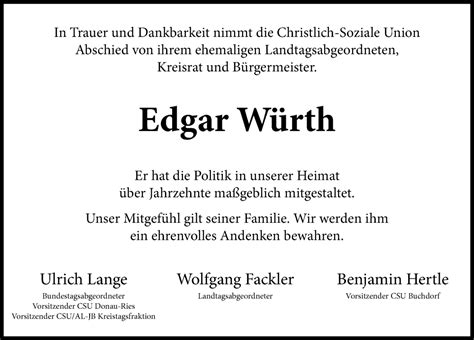 Traueranzeigen Von Edgar W Rth Allg Uer Zeitung