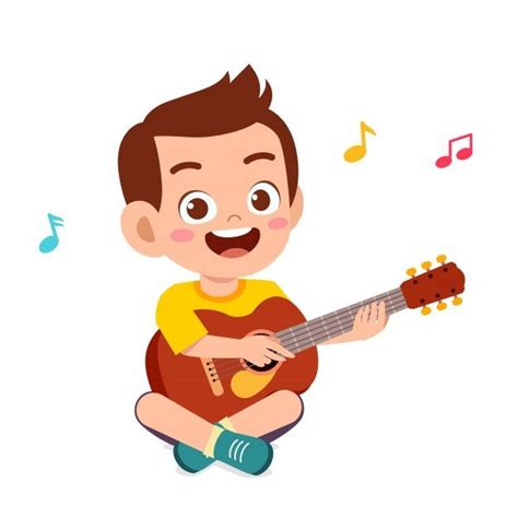 Feliz lindo niño pequeño niño tocar la guitarra Vector Premium