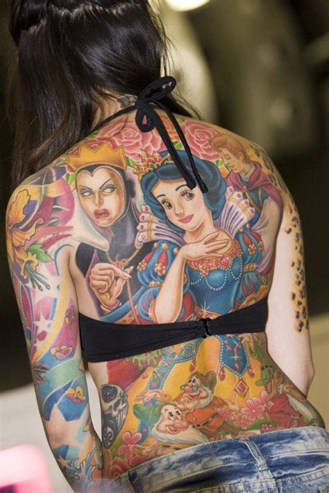 Awesome Snow White And The Seven Dwarfs Back Tattoo