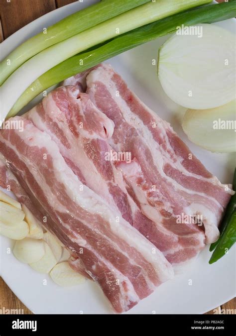 Korean Food Pork Belly And Vegetables Samgyeopsal Stock Photo Alamy