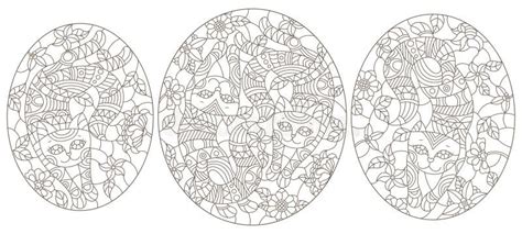 Set Of Contour Illustrations Of Stained Glass Cats On A Background Of