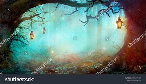 Halloween Background Lanterns Dark Forest Spooky Stock Photo 1496775737 ...