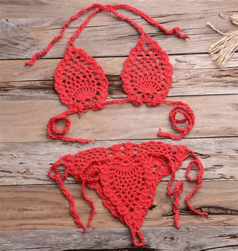 Hand Crocheted Swimsuit Thong String Sexy Bikini Set Mini Sunbathing