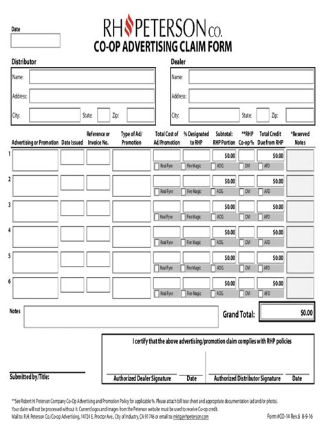 Fillable Online Co Op Advertising Claim Form Rh Peterson Co Fax