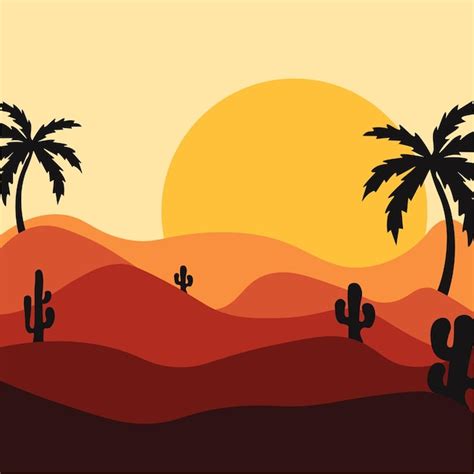 Premium Vector Sunset In The Desert With Cacti Vector Illustration