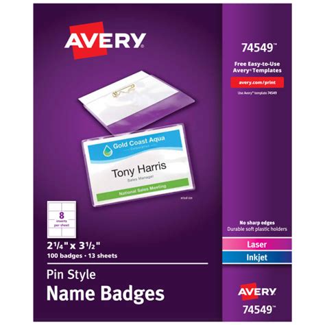 Avery® Name Badges with Pins, 2-1/4" x 3-1/2", Clear Badge Holders with ...