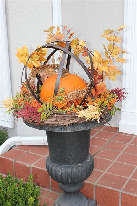 Urn With Orb Pumpkin Grapevine Wreath And Fall Picks Fall Decor