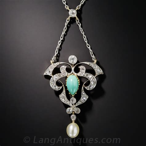 Antique Turquoise Natural Pearl And Diamond Necklace