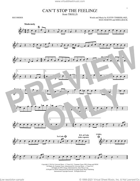 Can T Stop The Feeling From Trolls Sheet Music For Recorder Solo