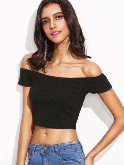 Bardot Neckline Ribbed Crop Tee Shein Sheinside