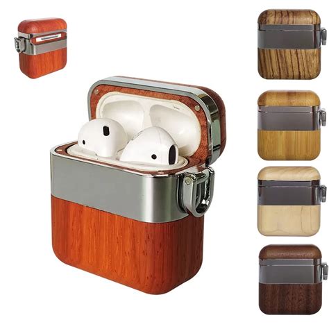 For Airpod 12 Carving Walnut Cherry Bamboo Wooden Add Metal Solid Wood Air Pod Cases Cover For