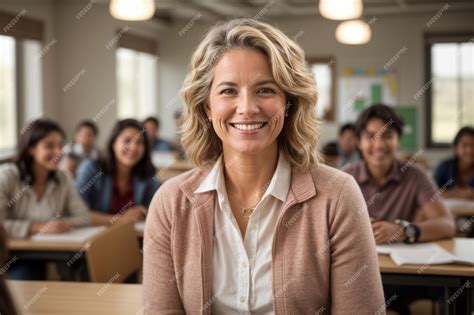 Premium Photo Confident Female Teacher Smiling In Classroom Background