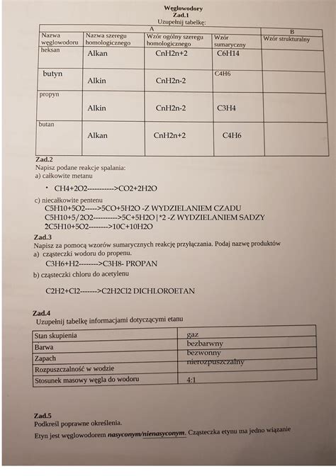 Zadania z chemii 8 klasa WĘGLOWODORY pomóżcie bardzo proszę DAM NAJ