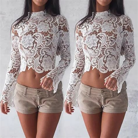 Blusa Feminina Crochet De Renda E Crochê Camisa Cortada Sexy De Manga