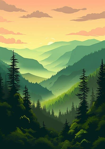 Premium Photo | Mountains with pine trees and a sunset in the distance ...