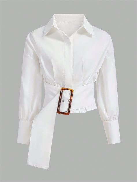 Solid Drop Shoulder Buckle Detail Shirt Stylish Work Attire White