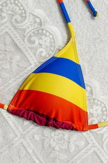 Wholesale Sexy Rainbow Printing Padded Halter Neck Self Tie Triangle Bikini Set 2 BA017692