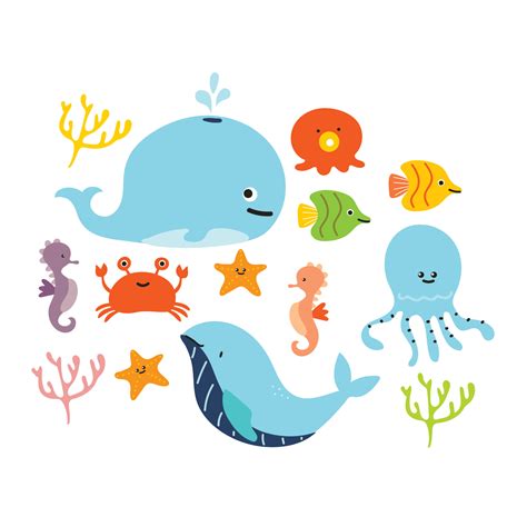 hand drawing cartoon sea creatures sticker set 6328138 Vector Art at ...