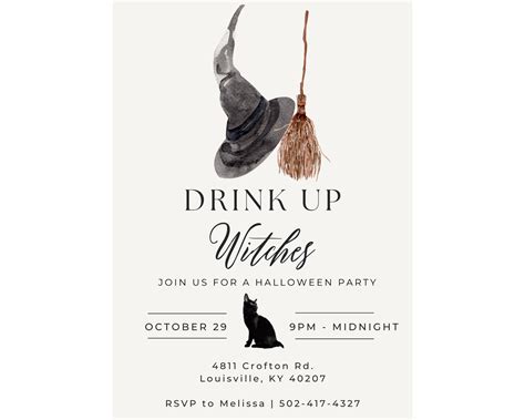 Drink Up Witches Halloween Party Invite Spooky Cat Invite Witches Hat Invite Customizable