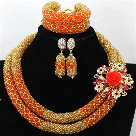 Latest Orange Nigerian Wedding African Bead Jewelry Set Women Crystal